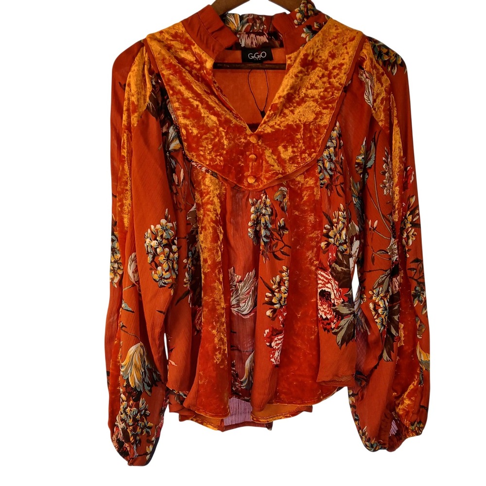 GiGio USA Orange Floral‎ Velvetn Sheer Trim Long Sleeve Blouse Women's Size S